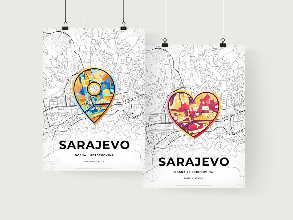 Sarajevo Bosnia and Herzegovina Modern Minimalist Heart Street Map Art Poster - Image 2