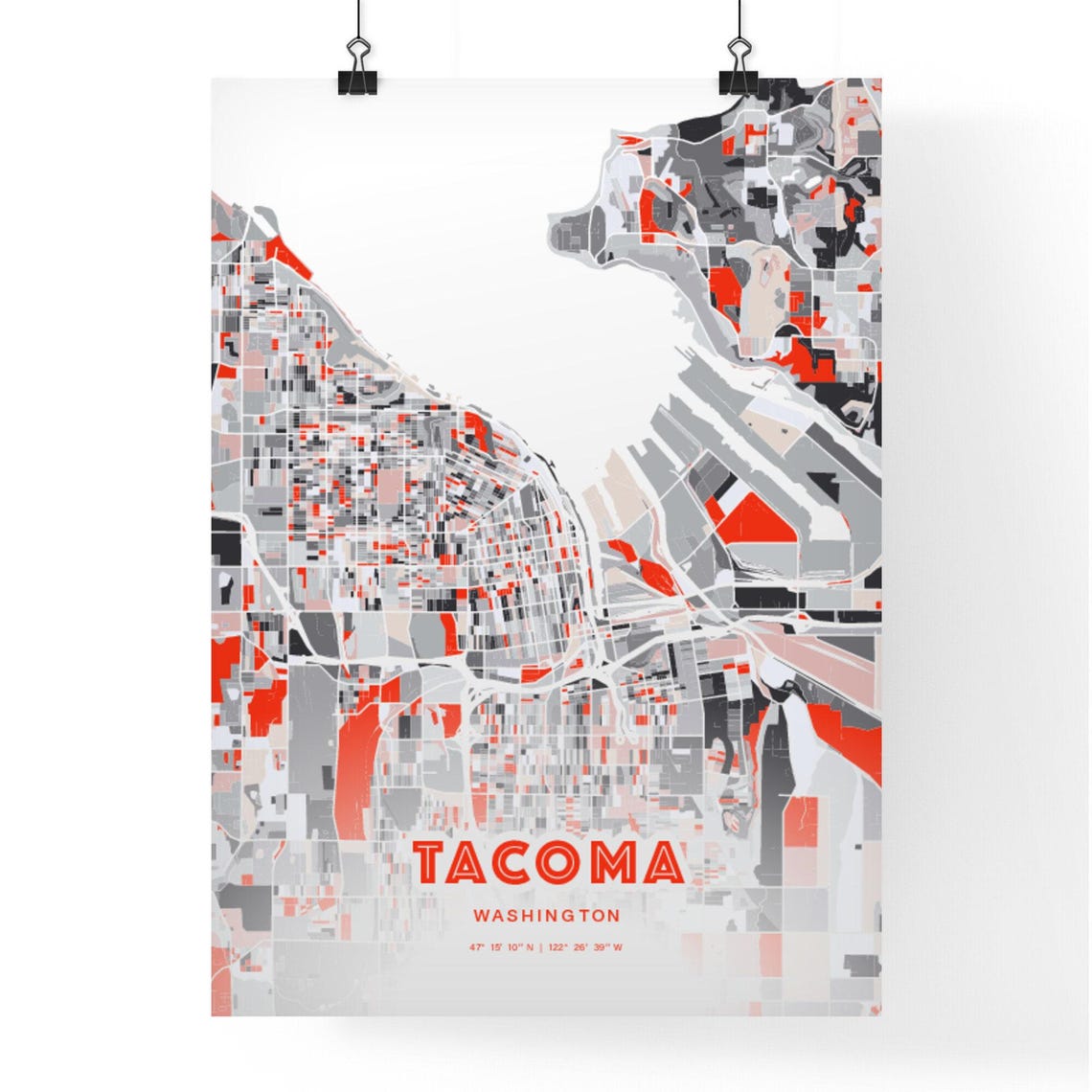 Tacoma Washington City Map Art Modern Red Gray Coordinate Poster - Image 3