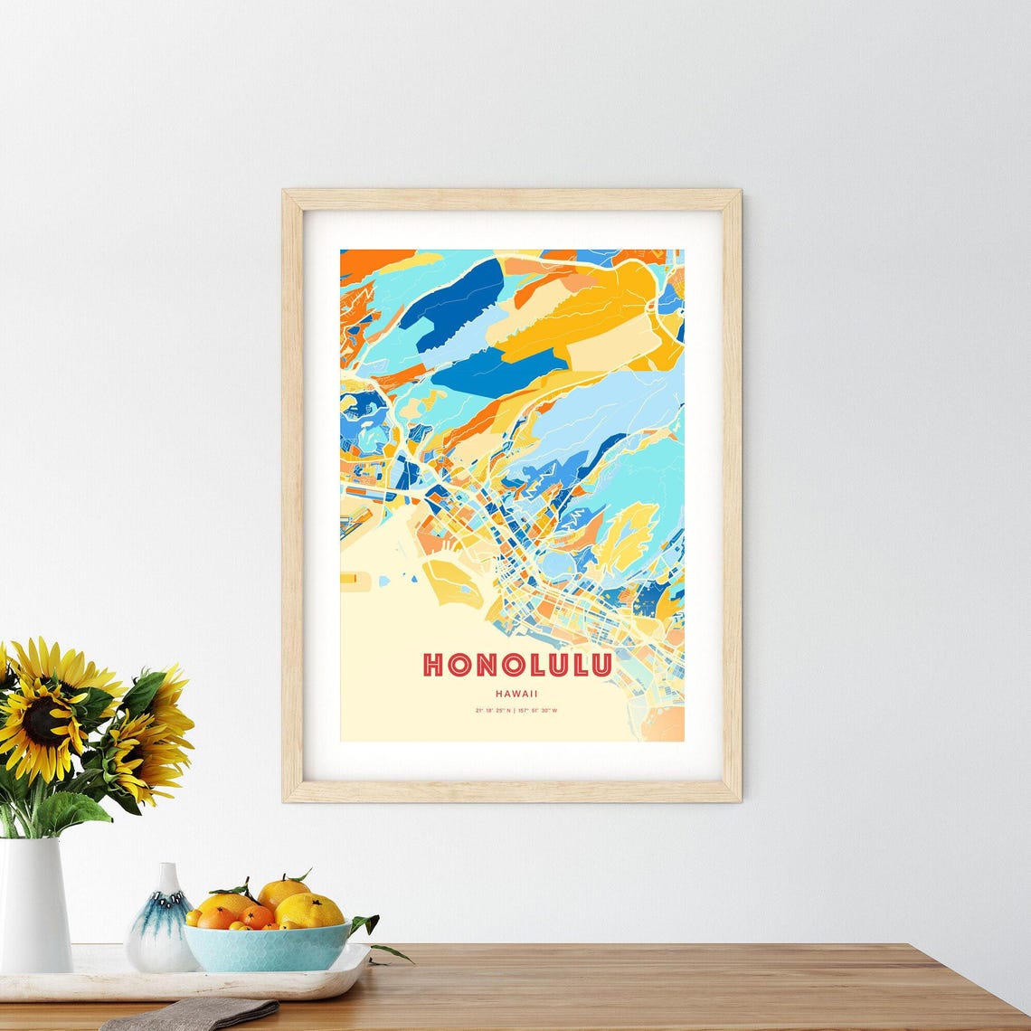 Honolulu Hawaii City Map Art Poster in Bold Blue and Orange Hues - Image 2