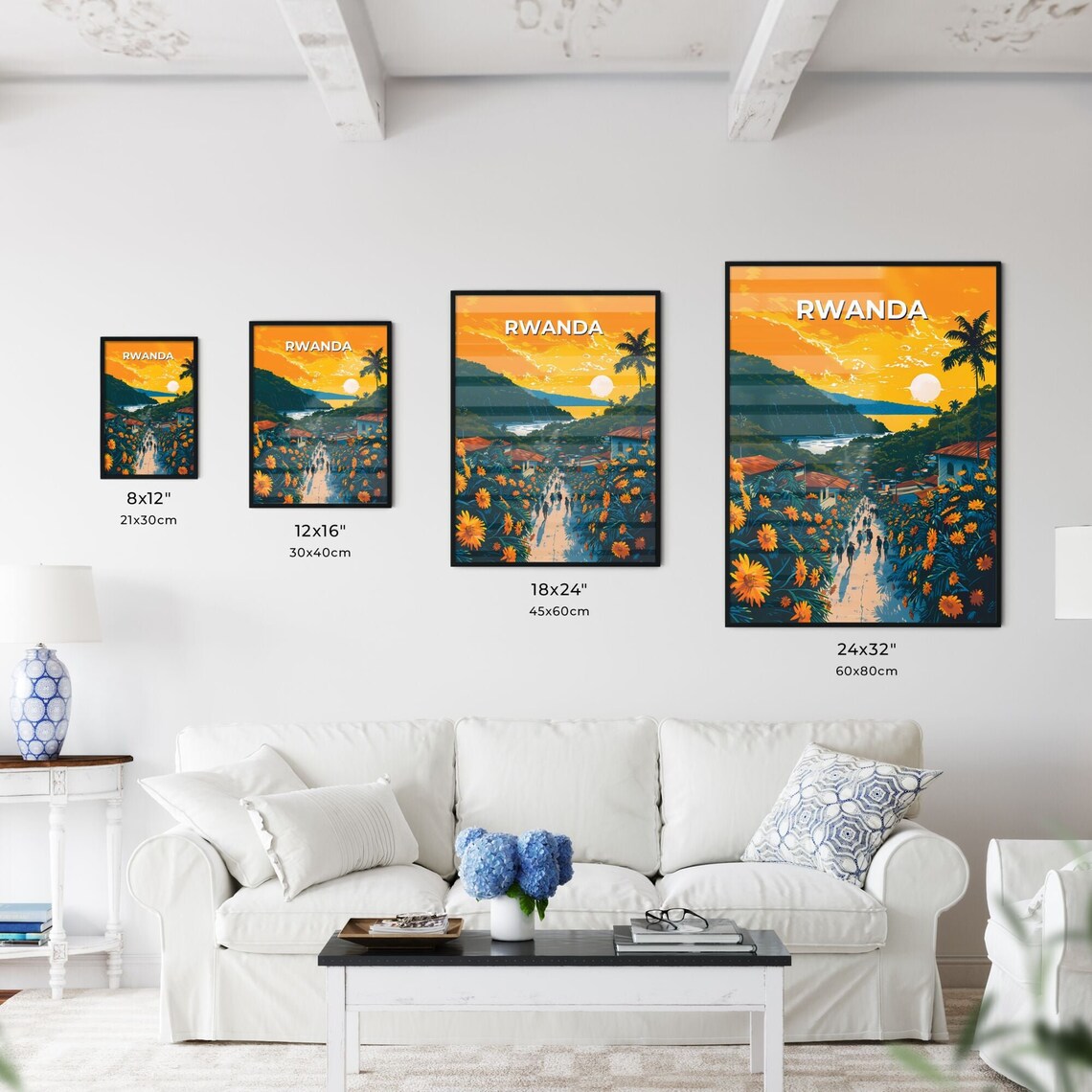 Rwanda Village Street Flower Lined Sunset Lake Vintage Travel Poster - Image 3