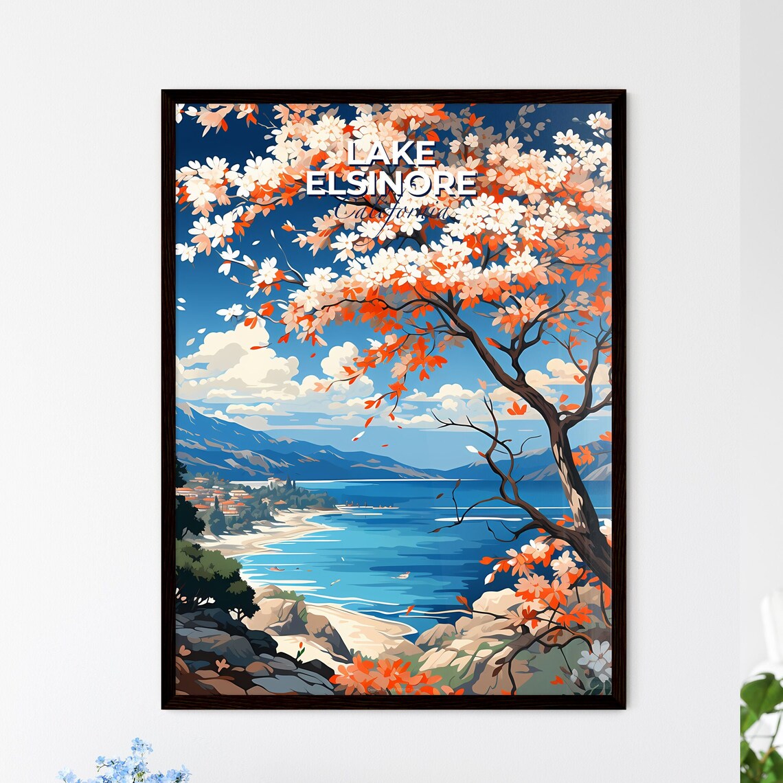 Lake Elsinore California Blooming Tree Lake View Vintage Travel Poster
