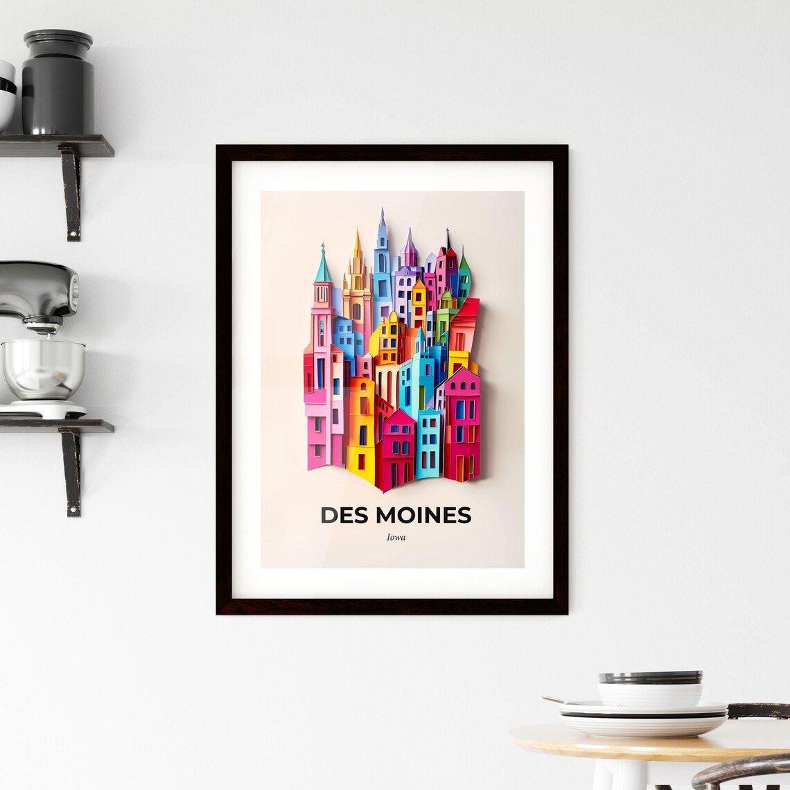 Des Moines Iowa Colorful Paper Cut Church Spires Scene Poster - Image 2