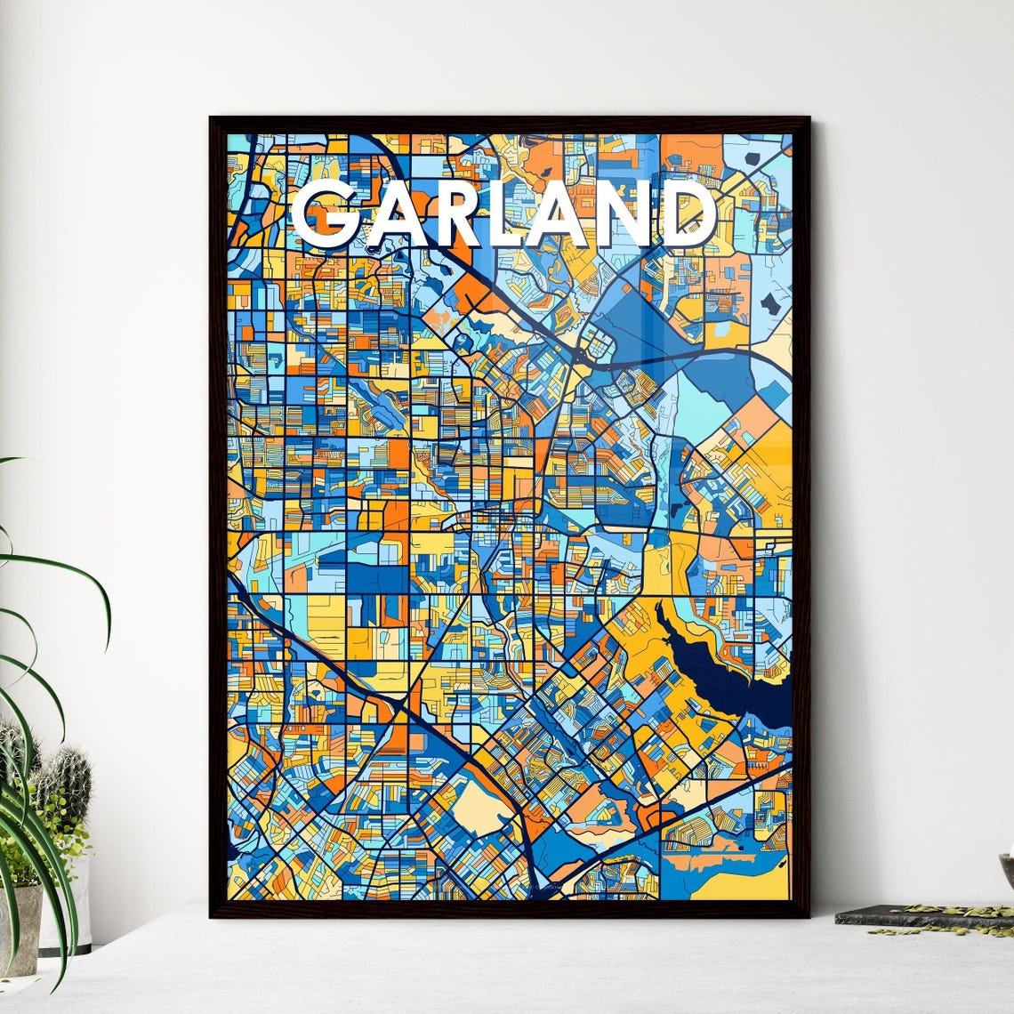 Garland Texas Vibrant Stylized Blue and Orange City Map Poster