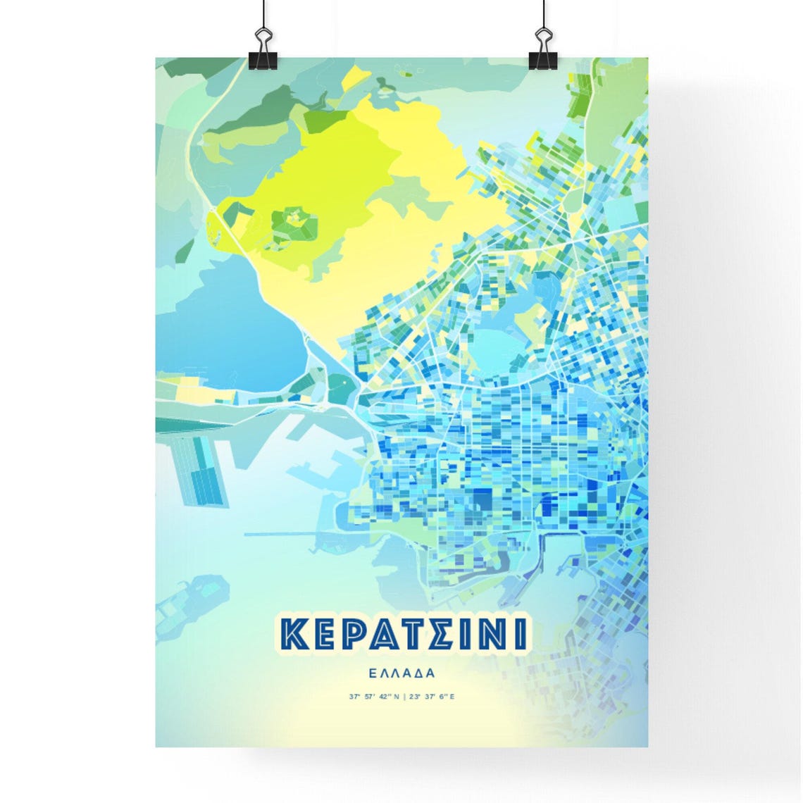 Keratsini Greece Customizable Bluish Art City Map Coordinates Poster - Image 2