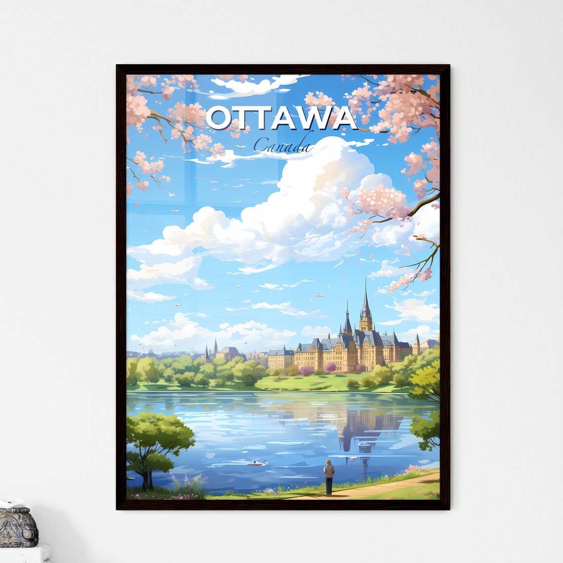 Ottawa Canada Castle Lakeside Cherry Blossom Spring Travel Poster