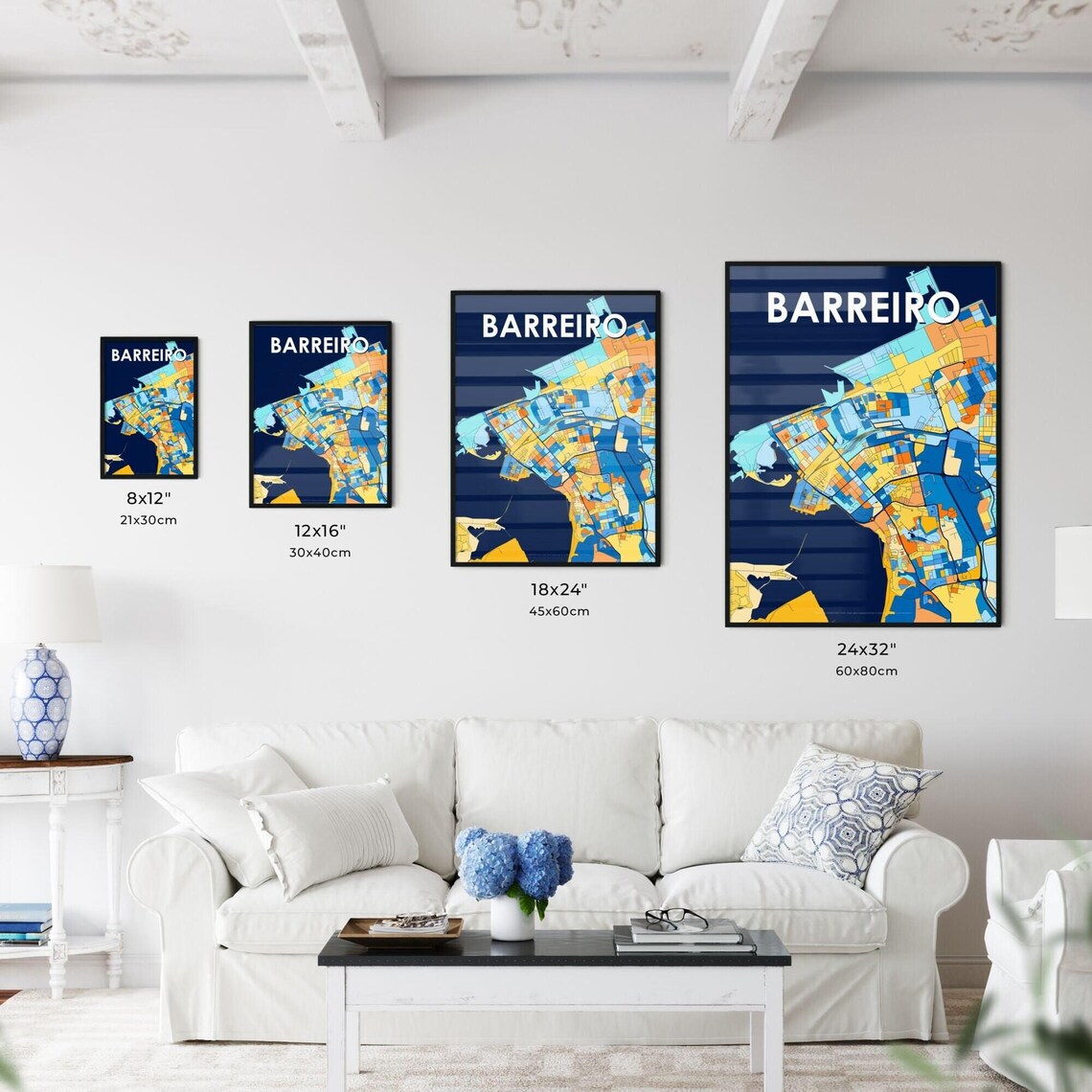 Barreiro Portugal Vibrant Geometric City Map Art Poster in Blue and Orange - Image 3