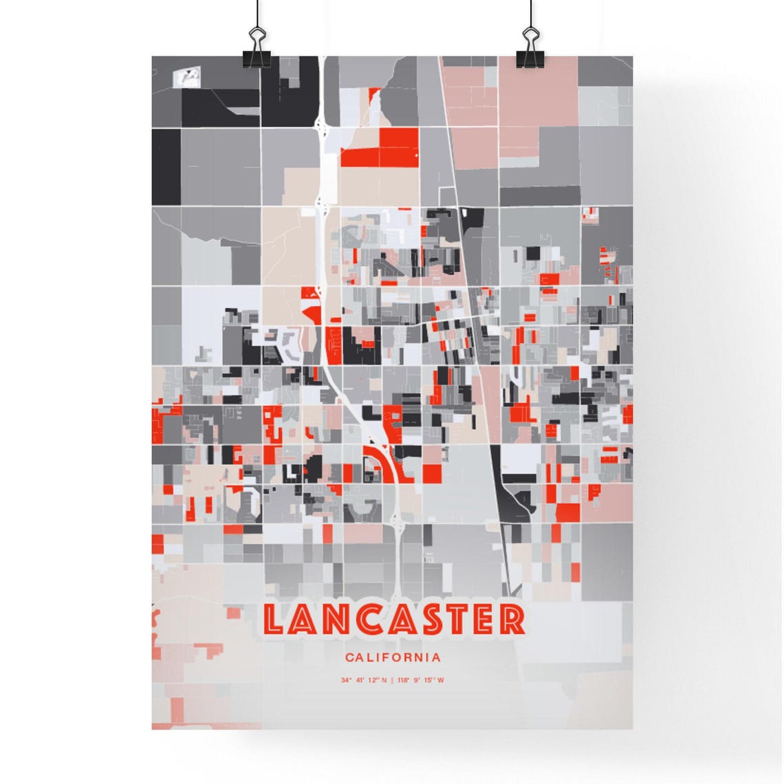 Lancaster California Modern Map Art Poster Red Gray Minimalist Style - Image 3