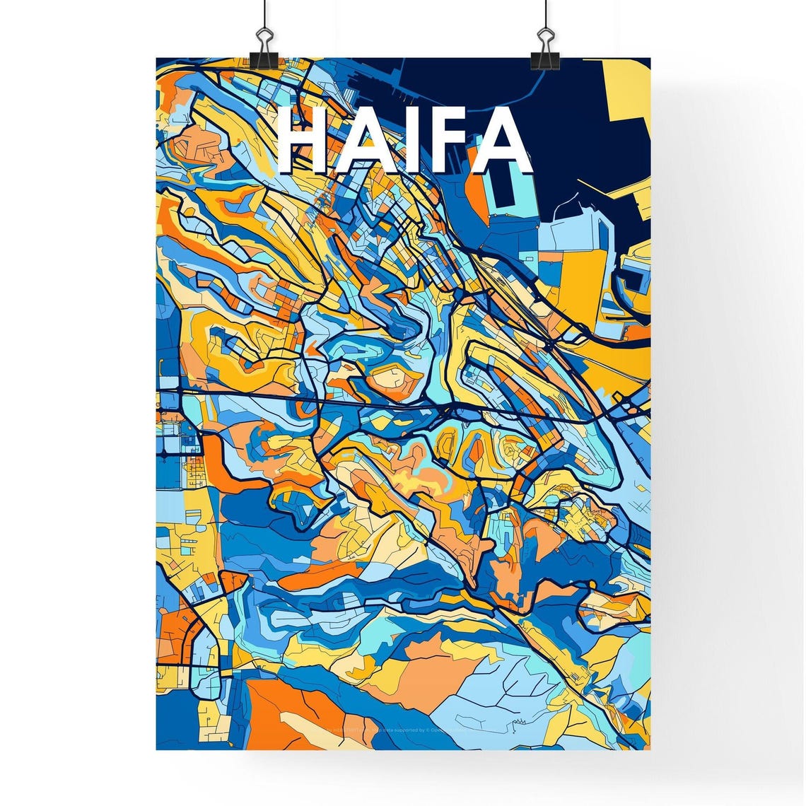 Haifa Israel Stylish Vibrant Blue and Orange Mosaic City Map Poster - Image 4