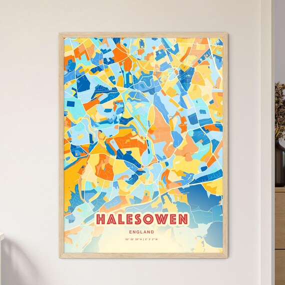 Halesowen England Colorful Blue and Orange Retro City Street Map Wall Art