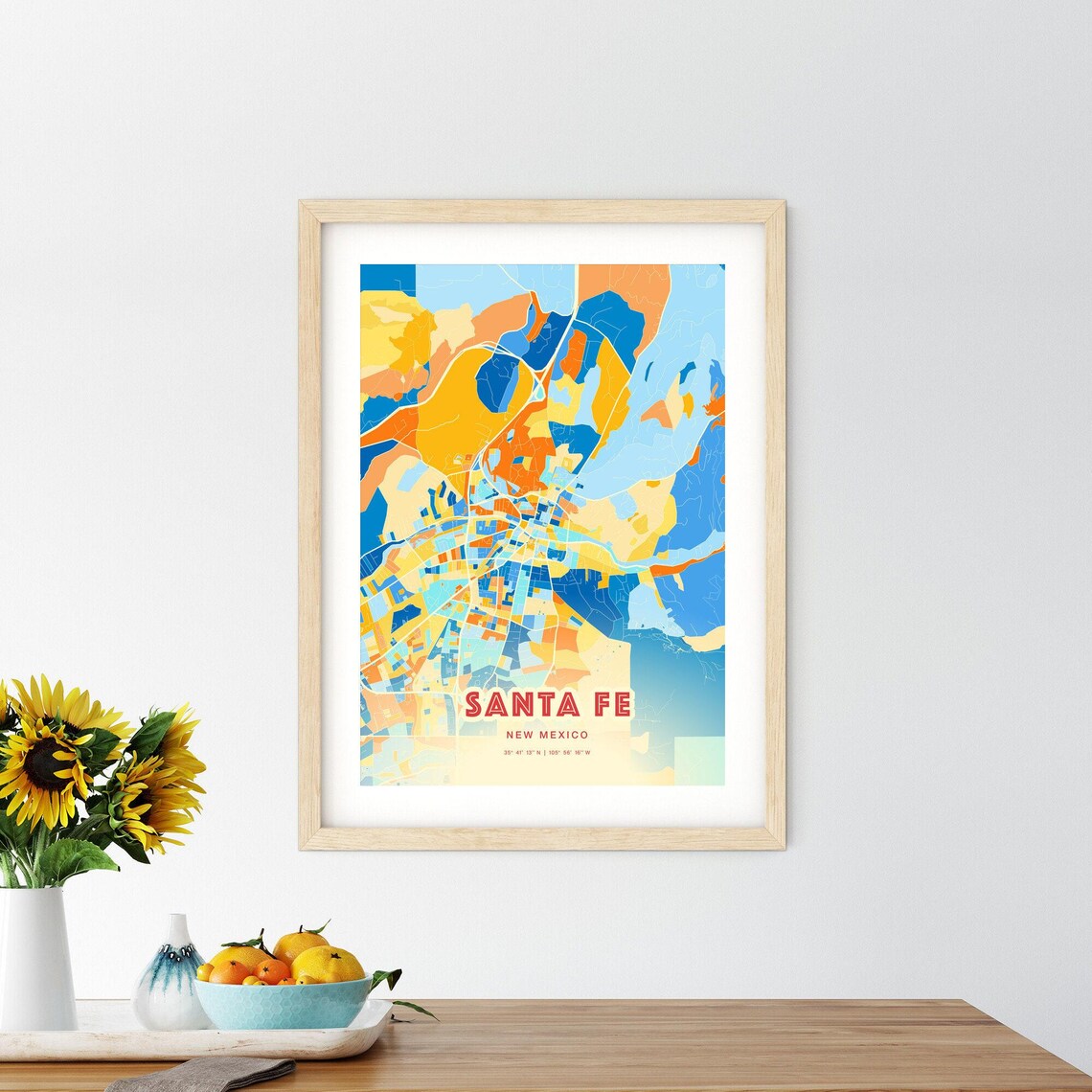 Colorful Blue and Orange Santa Fe New Mexico Street Map Art City Poster - Image 2