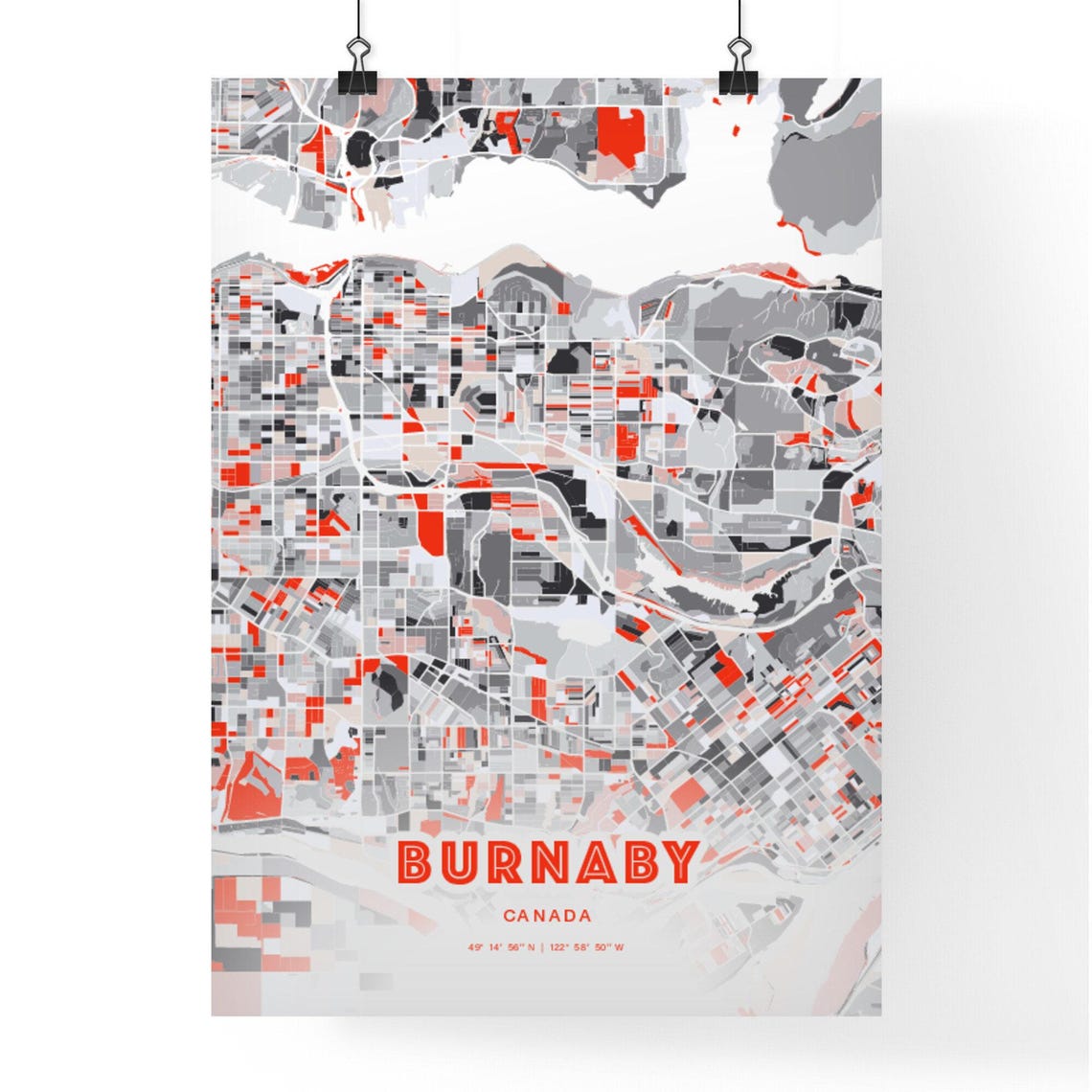 Burnaby Canada City Map Art Modern Red Gray Coordinate Poster - Image 3