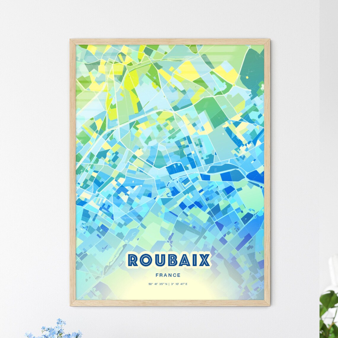 Roubaix France Colorful Modern Bluish City Street Map Art Poster