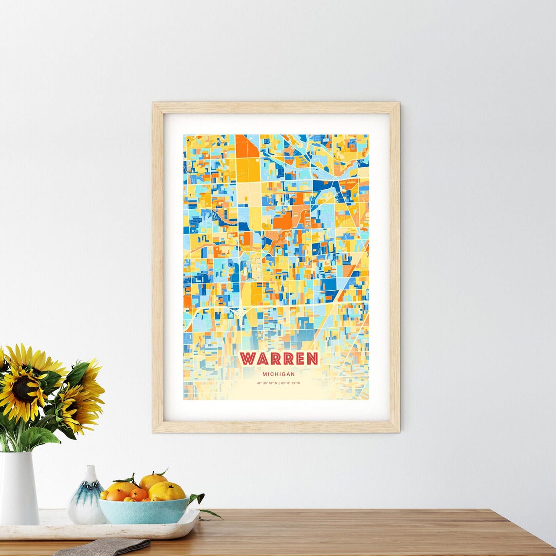 Warren Michigan Vibrant Colorful City Map Art Coordinates Poster - Image 2