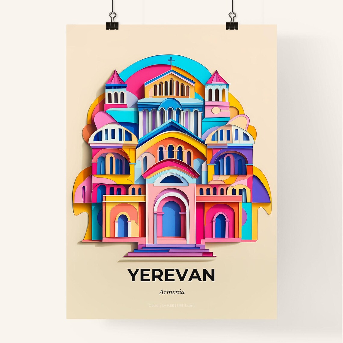 Yerevan Armenia Colorful Cathedral Vivid Arches Paper Cut Poster - Image 4