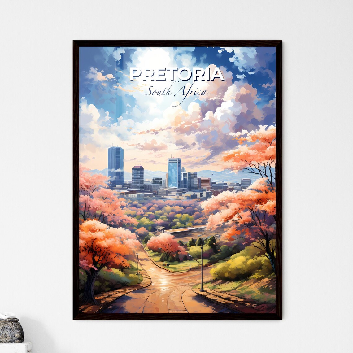 Pretoria South Africa Pink Blossom City Skyline Travel Poster