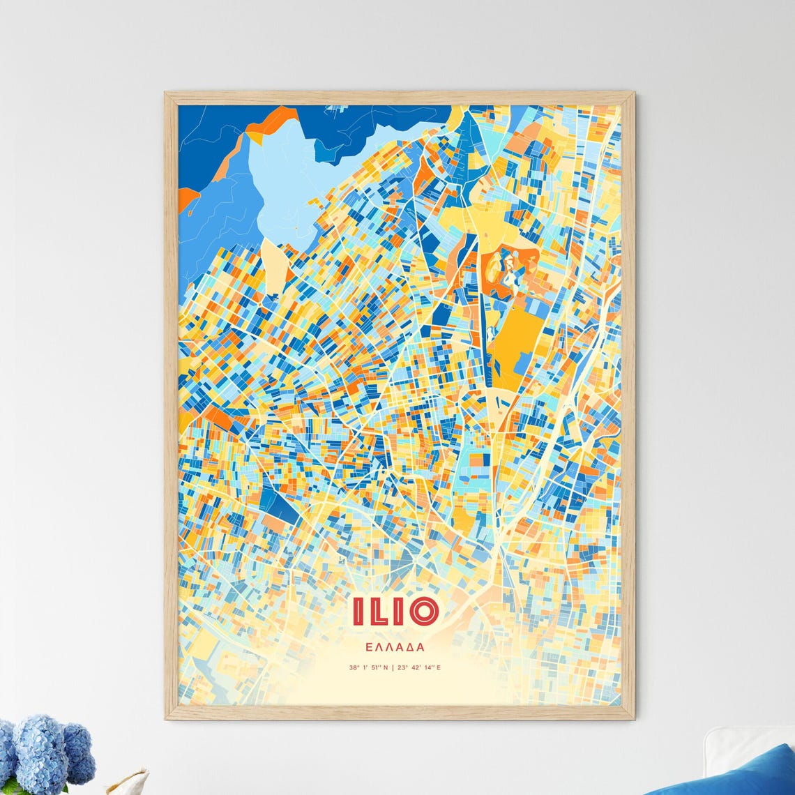 Ilio Greece Blue Orange Colorful City Map Art Poster With Coordinates
