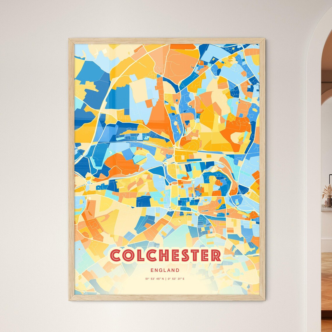 Colchester England Colorful City Map Art Blue Orange Streets Wall Poster