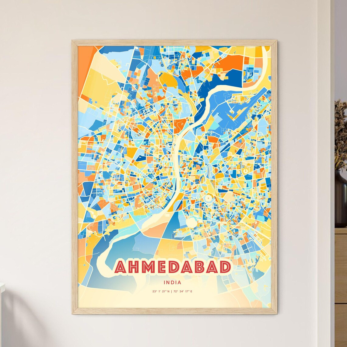 Ahmedabad India Colorful City Map Poster Blue Orange Vibrant Wall Decor