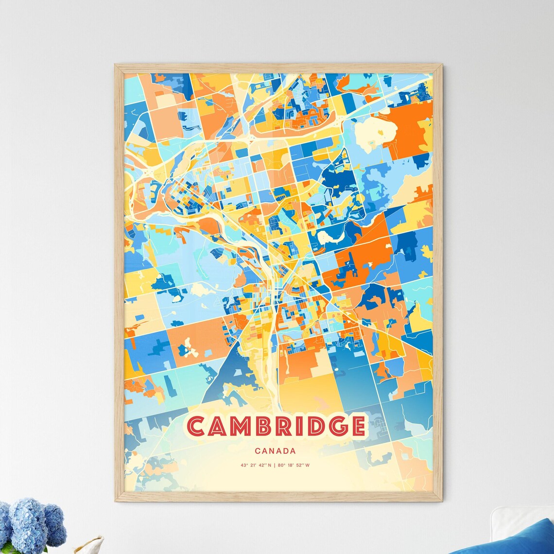 Cambridge Canada Colorful Blue Orange Modern City Street Map Poster