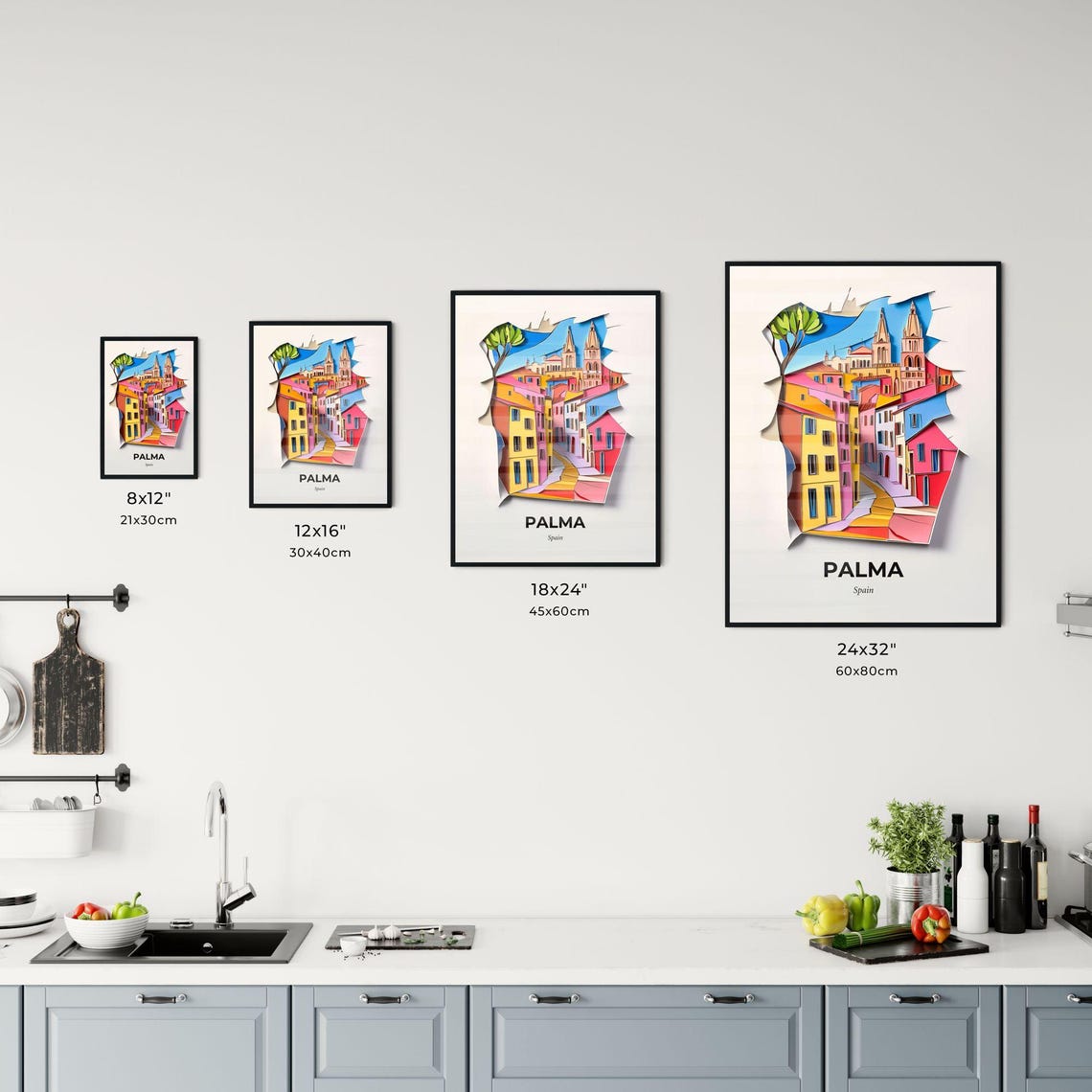Palma Spain Colorful Old Town Cathedral 3D Paper Cut Art Poster - Image 3
