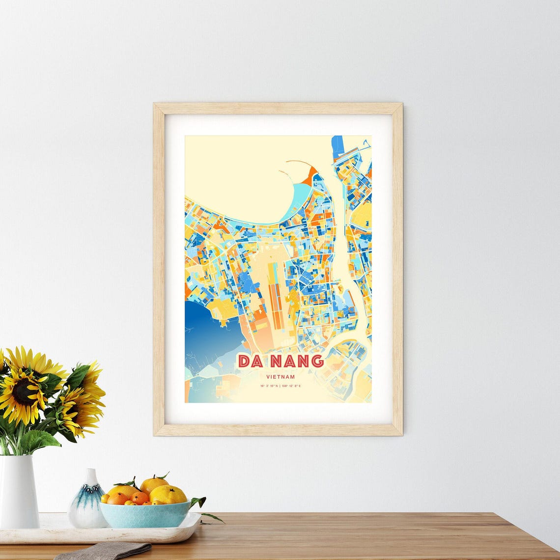 Da Nang Vietnam Blue Orange City Map With Coordinates Poster - Image 2
