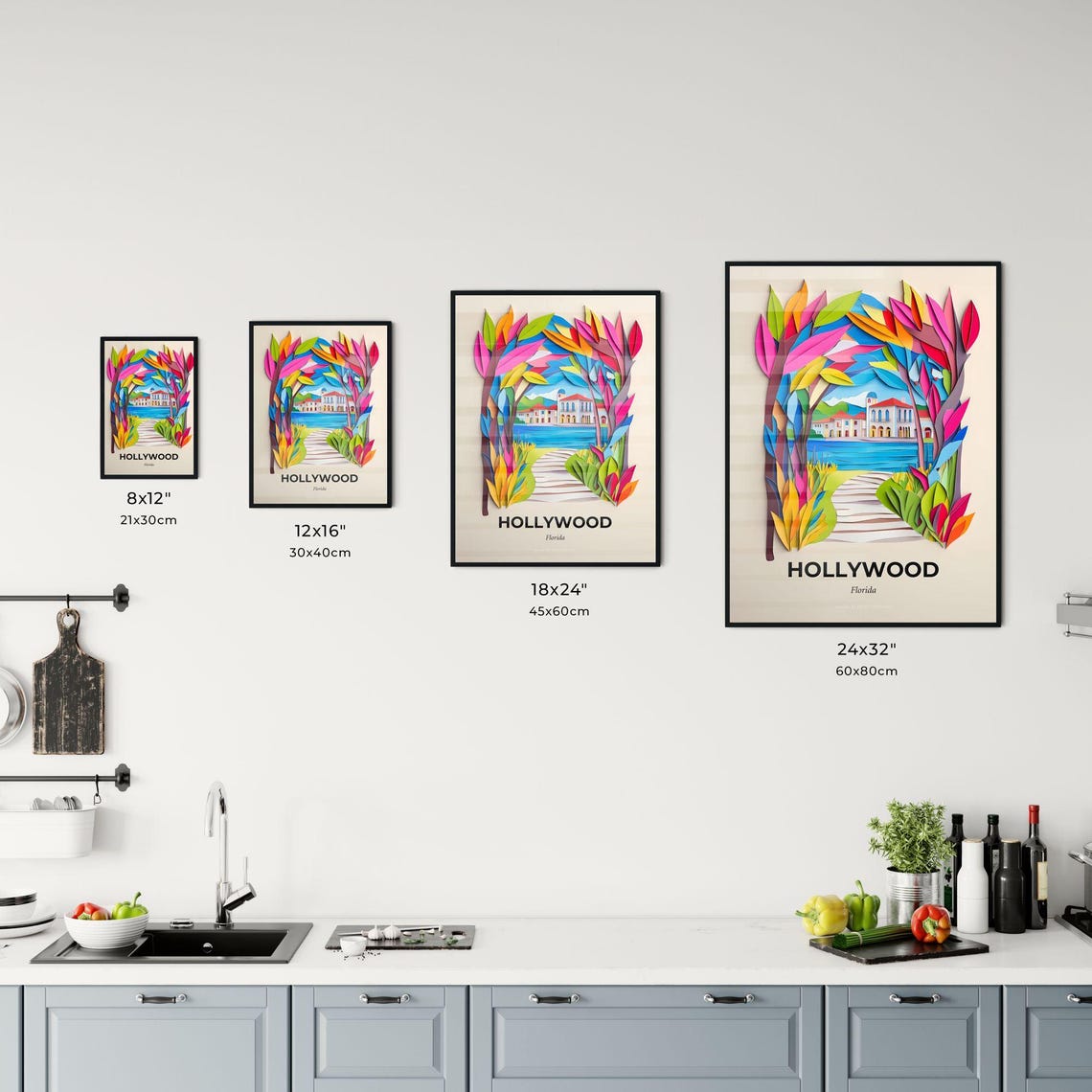 Hollywood Florida 3D Paper Cut Tropical Villa Lake Art Poster - Image 3