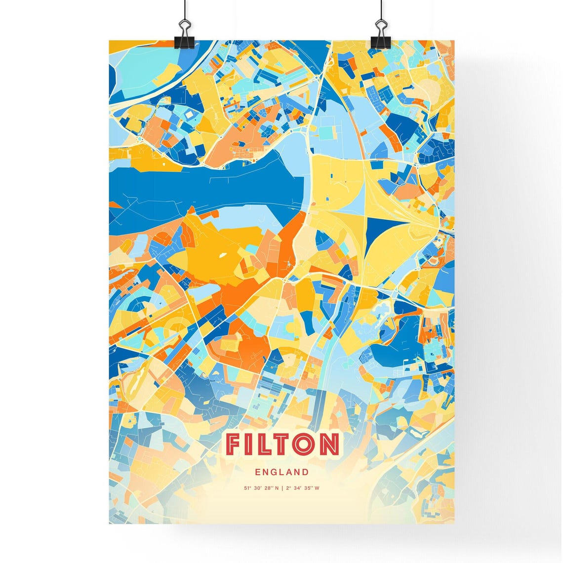 Filton England Colorful Blue Orange Map Art Poster Wall Decor - Image 3
