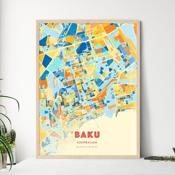 Baku Azerbaijan Colorful Blue Orange City Map Art Poster with Coordinates