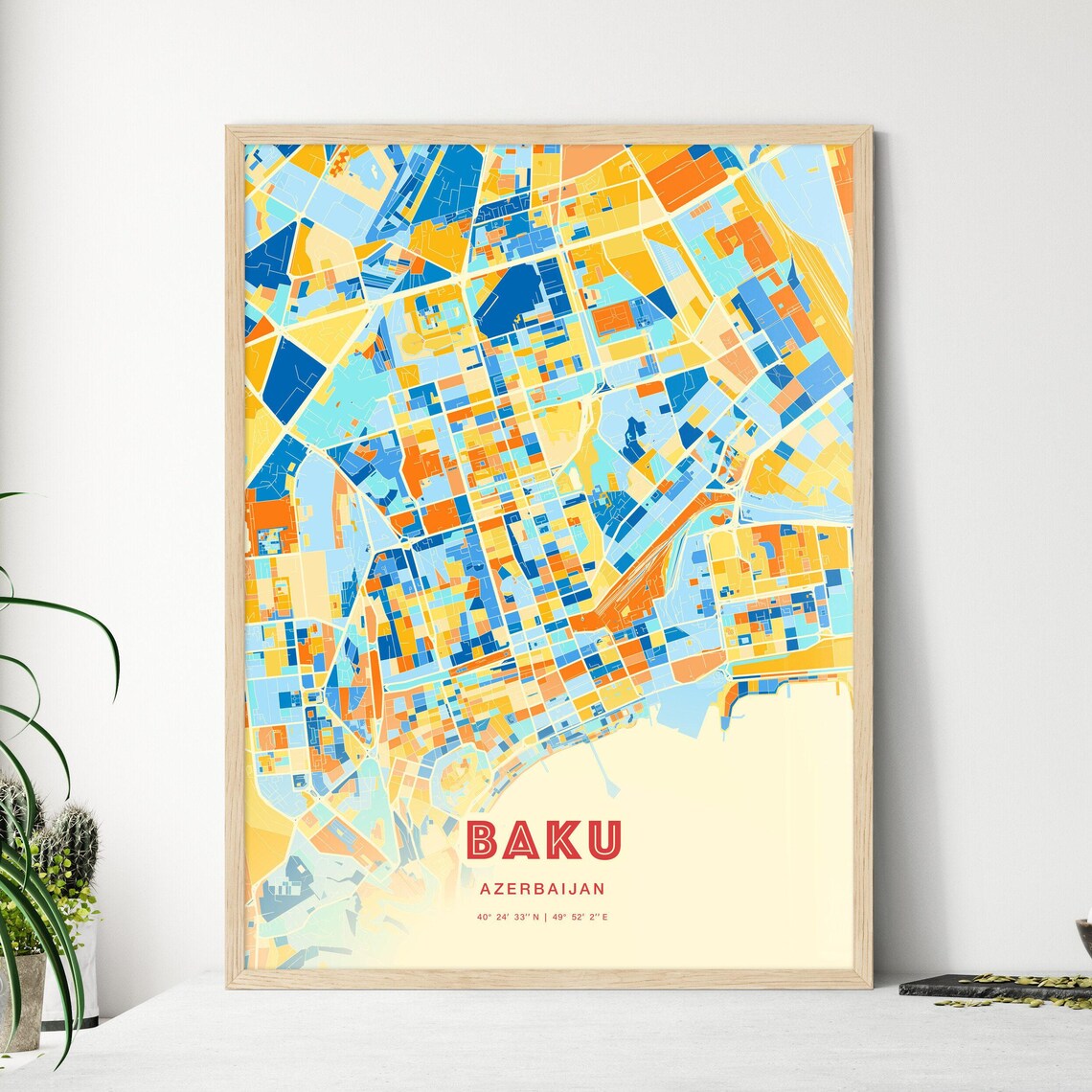 Baku Azerbaijan Colorful Blue Orange City Map Art Poster with Coordinates