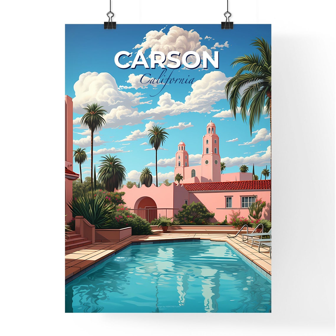 Carson California Courtyard Pool Travel Poster Palm Trees City Art - Image 4