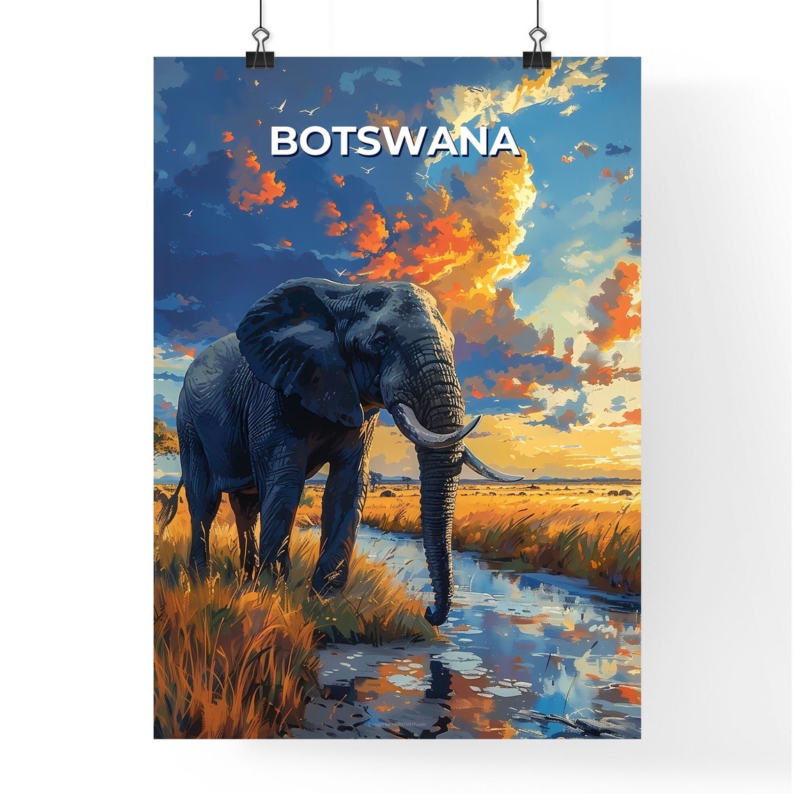 Botswana Africa Vibrant Painting Elephant Marsh Artwork Travel Destinations Customizable - Image 4
