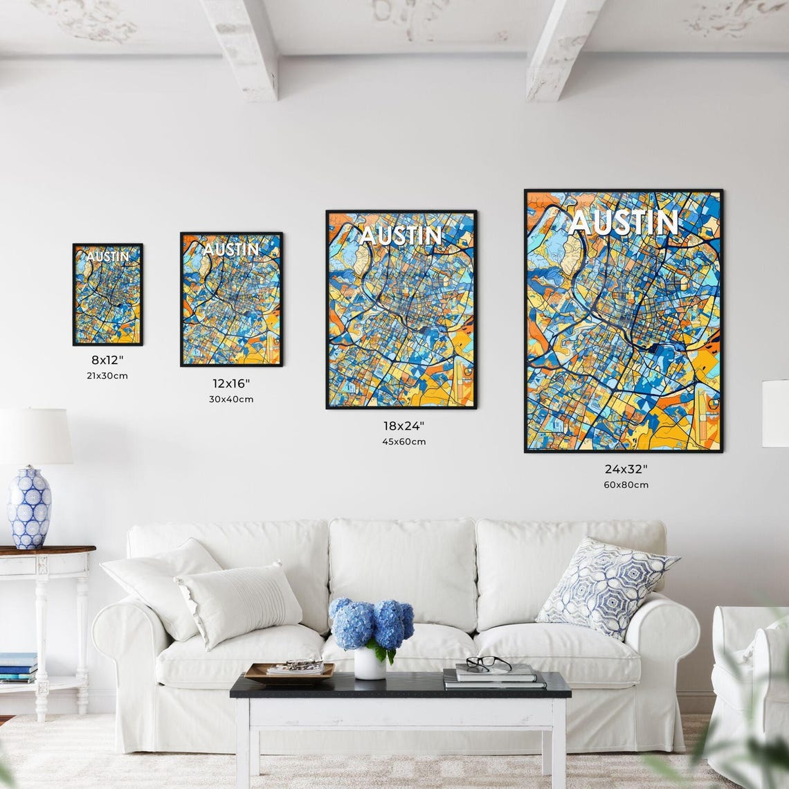 Austin Texas Blue Orange Colorful City Street Map Art Poster - Image 3