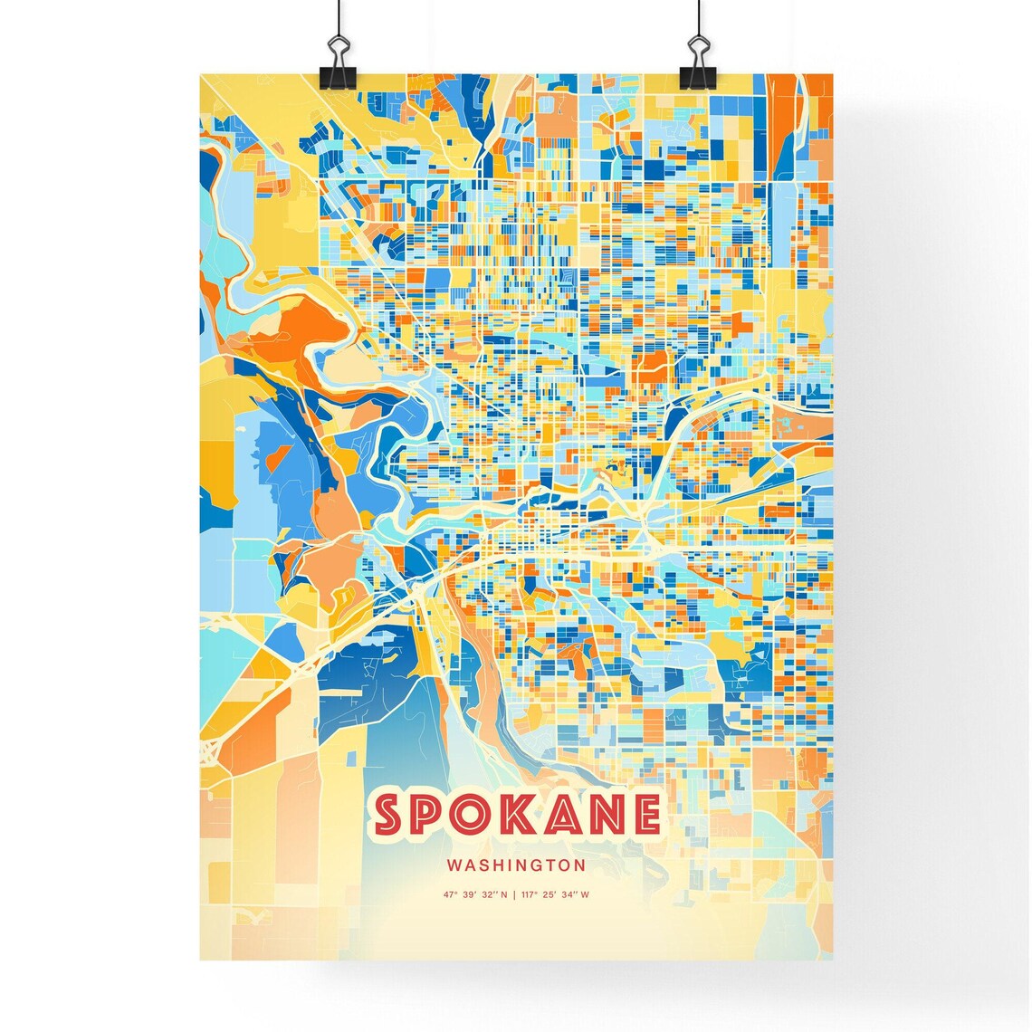 Spokane Washington City Map Art Poster Blue Orange Street Style - Image 3