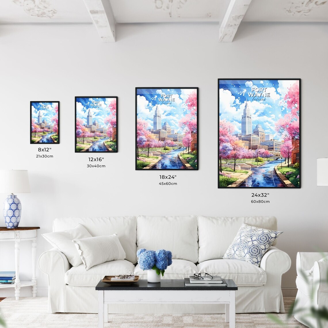 Fort Wayne Indiana Skyline Travel Poster Cherry Blossom River City Decor - Image 3