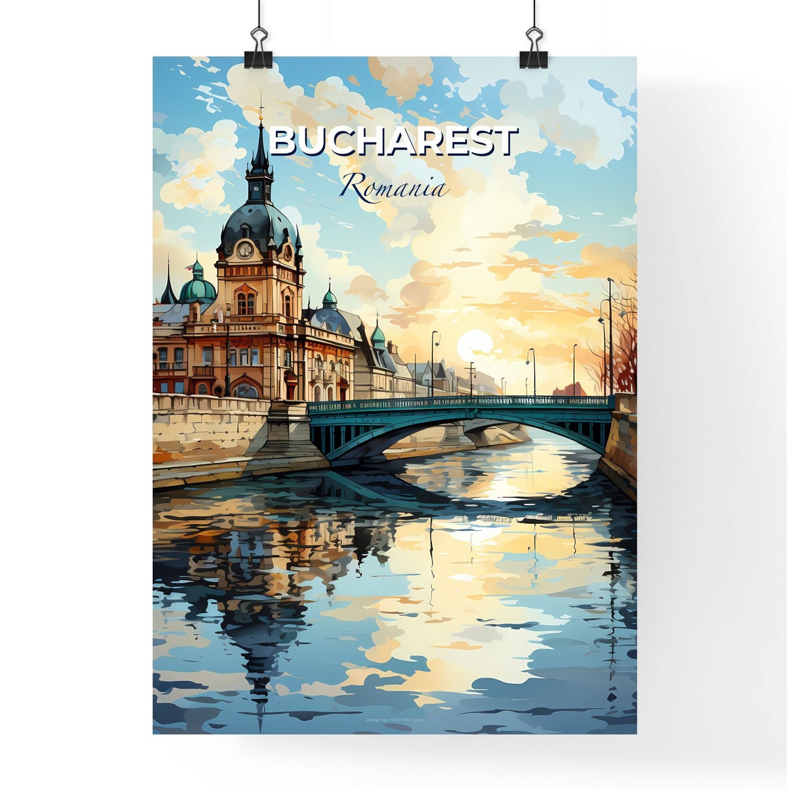 Bucharest Romania Sunrise River Bridge Domed Landmark Poster - Image 4