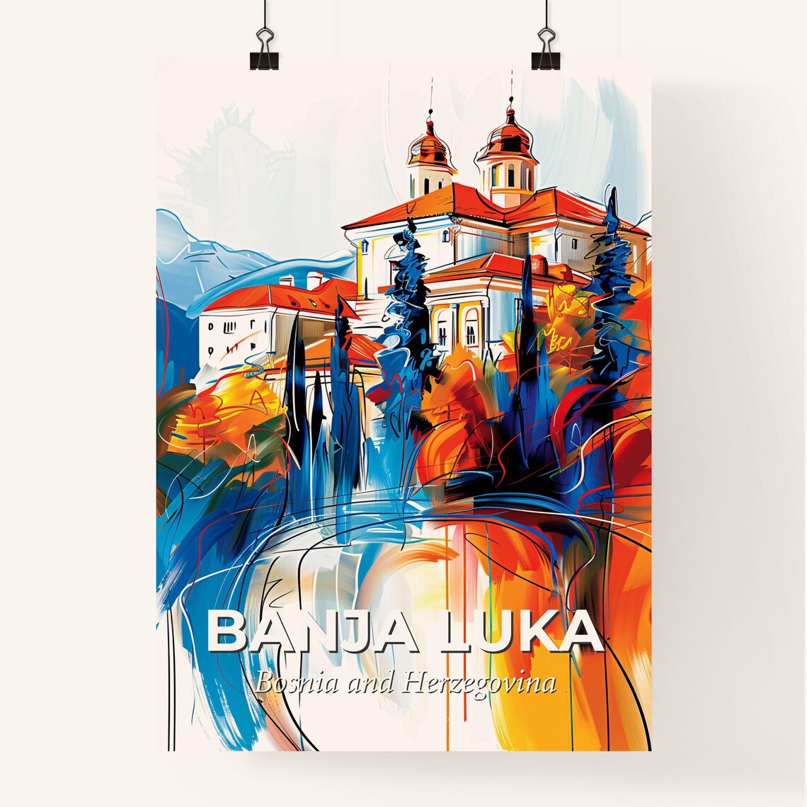 Banja Luka Bosnia Vibrant Watercolor Old Town City Art Poster - Image 4
