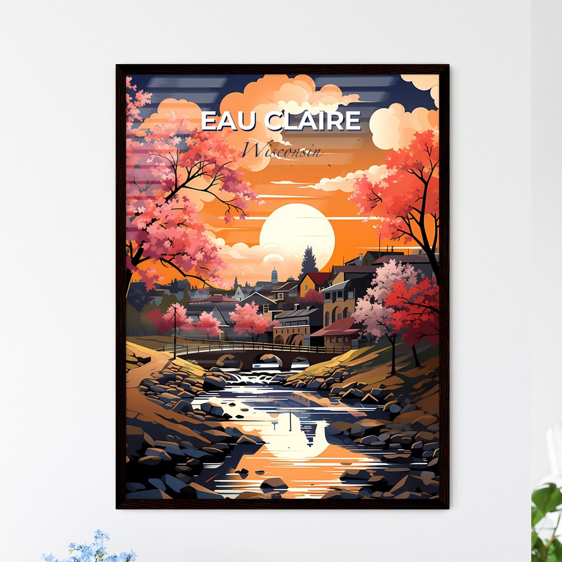 Vivid Eau Claire Wisconsin Sunset River Bridge Blossom Poster