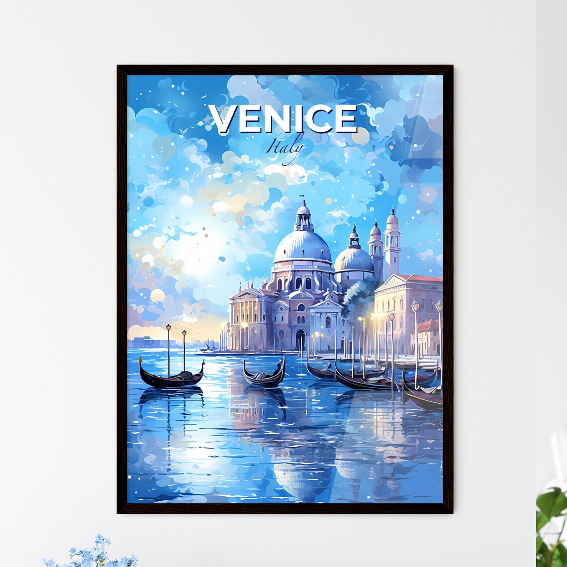 Venice Italy Grand Canal Gondolas Domed Basilica Blue Travel Poster