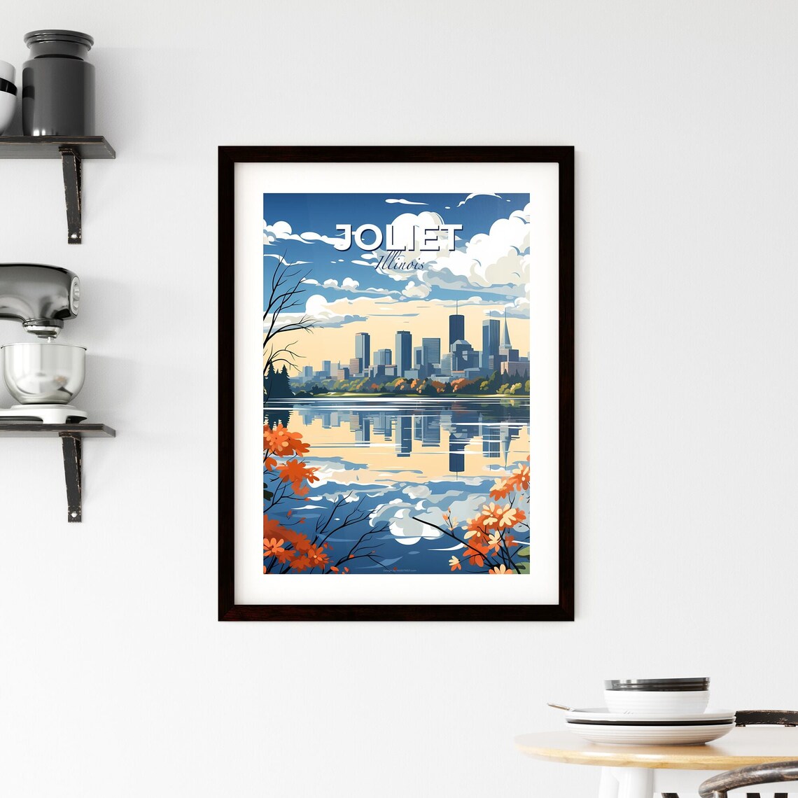 Joliet Illinois Lake Reflection Skyline Autumn Flowers Travel Poster - Image 2