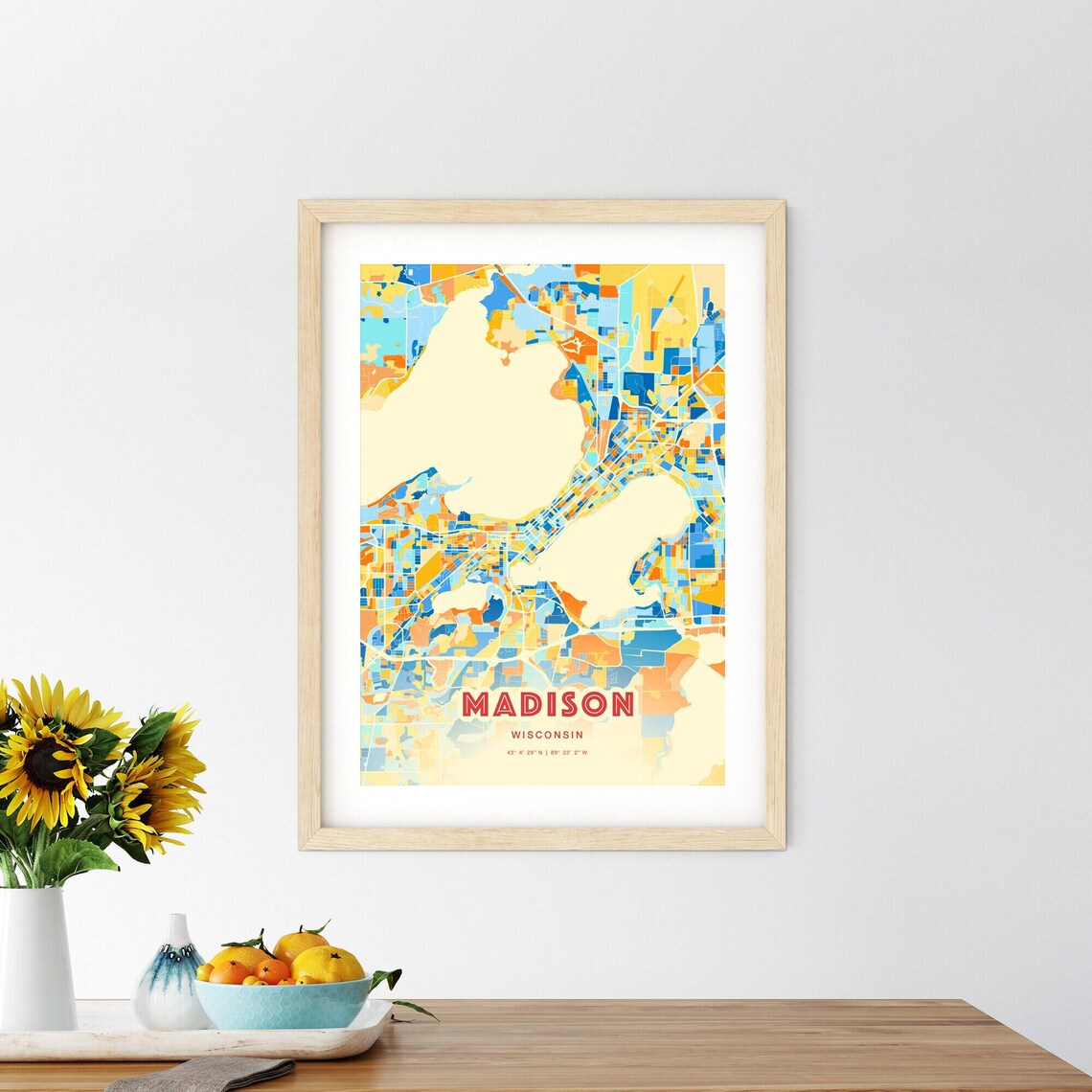 Madison Wisconsin Vibrant Blue and Orange City Map Art Poster - Image 2