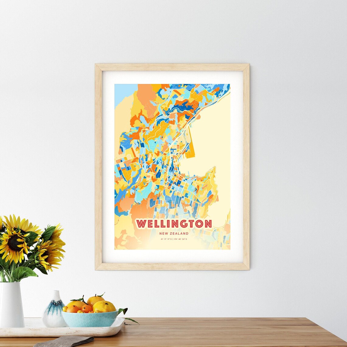 Wellington New Zealand Colorful Blue Orange City Map Art Poster - Image 2