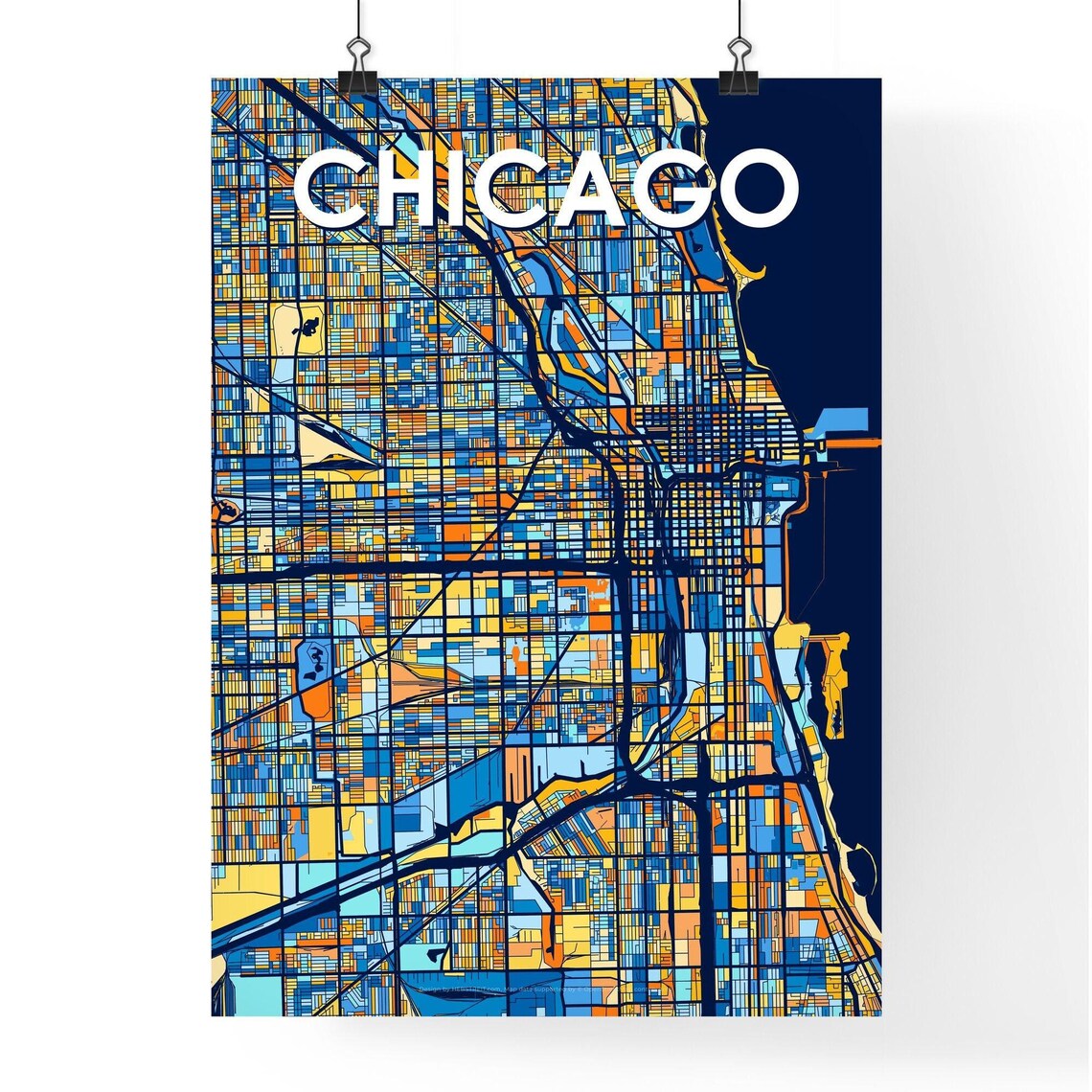 Chicago Illinois Stylish Vibrant Blue and Orange Mosaic City Map Poster - Image 4