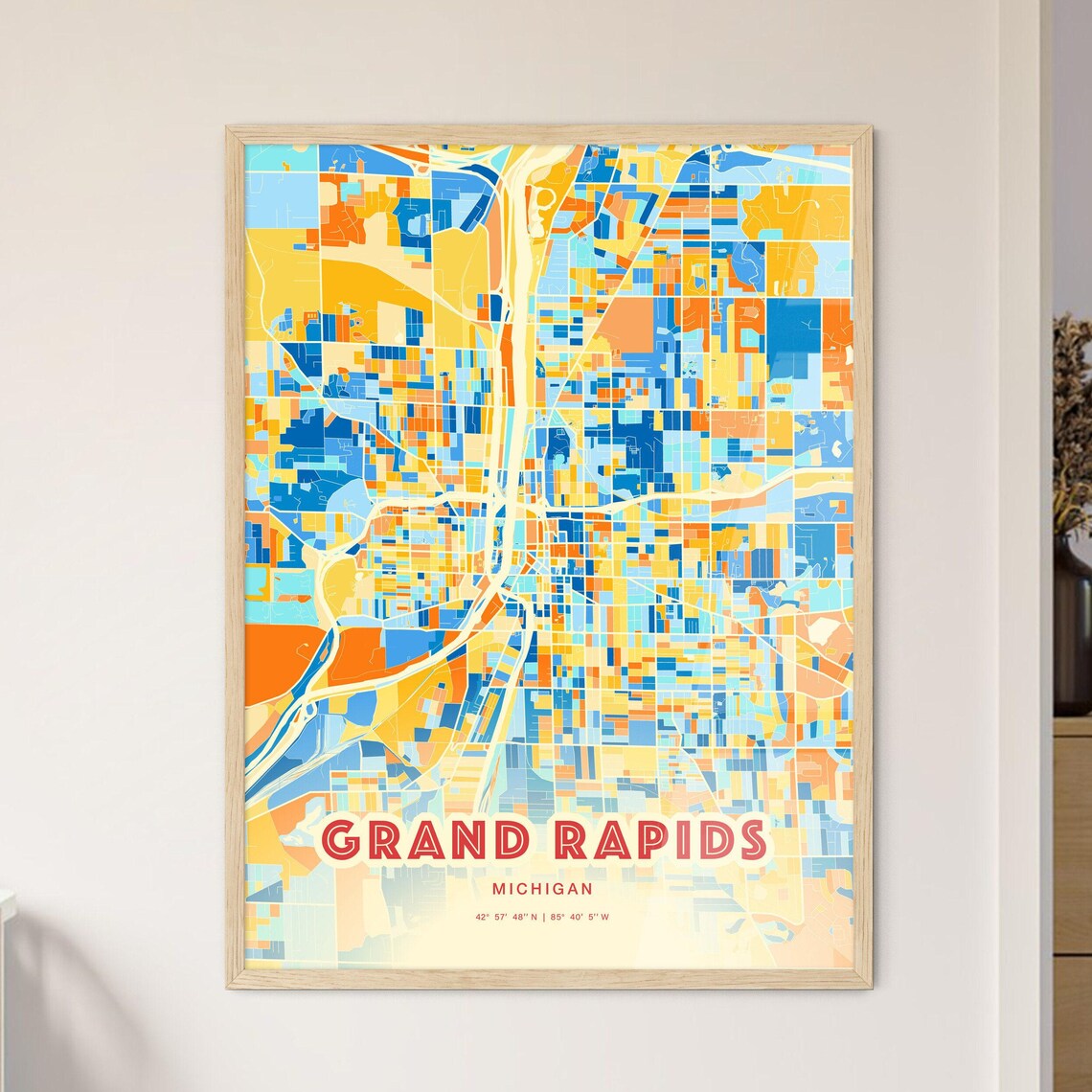 Grand Rapids Michigan Vibrant Blue Orange Mosaic City Map Poster