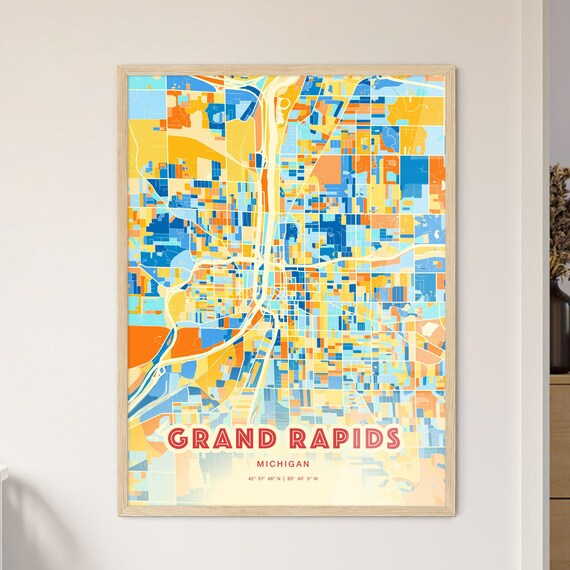 Grand Rapids Michigan Vibrant Blue Orange Mosaic City Map Poster