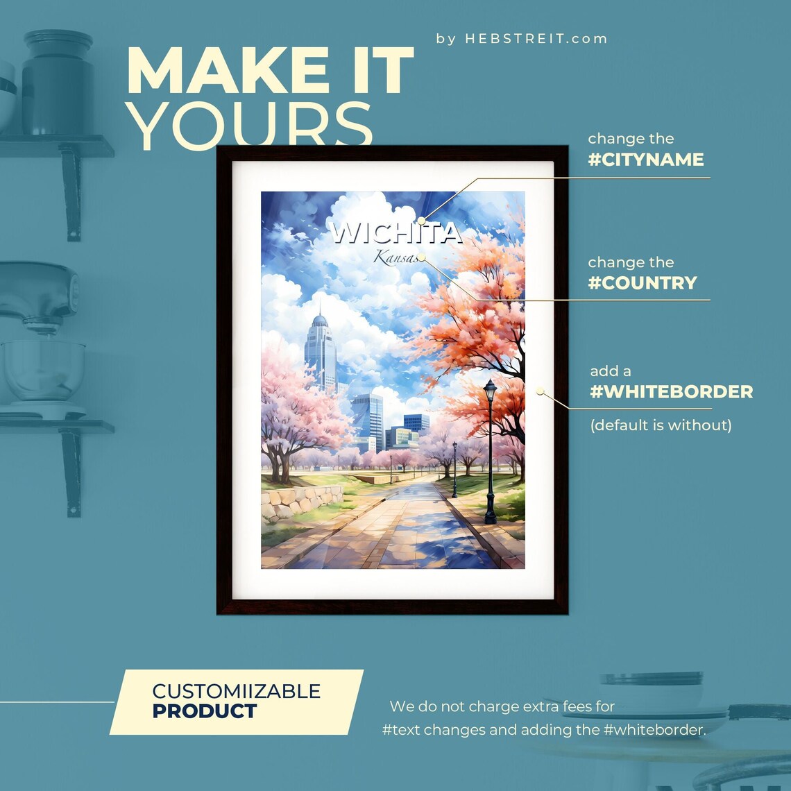 Wichita Kansas Cherry Blossoms Path Skyline Spring Scene Travel Poster - Image 2