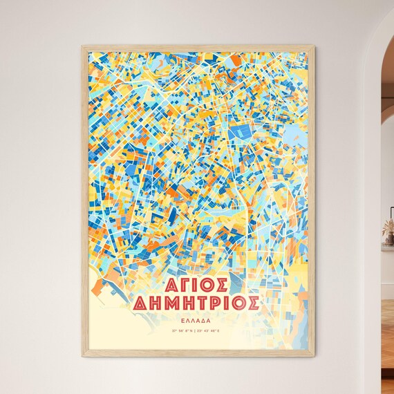 Agios Dimitrios Greece Blue Orange Colorful City Map Art Poster With Coordinates