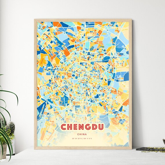Chengdu China City Street Map Art Poster Blue Orange Coordinates