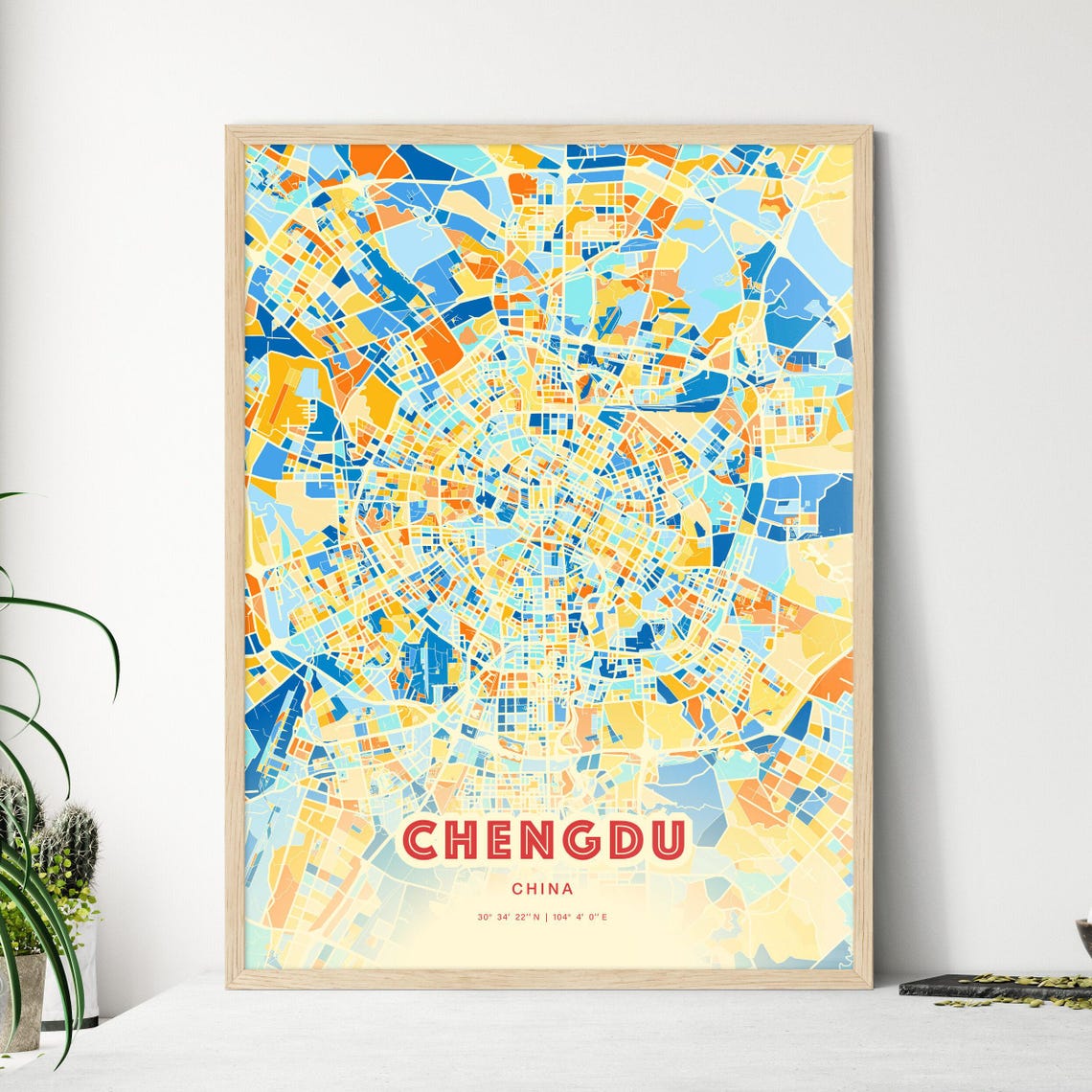 Chengdu China City Street Map Art Poster Blue Orange Coordinates
