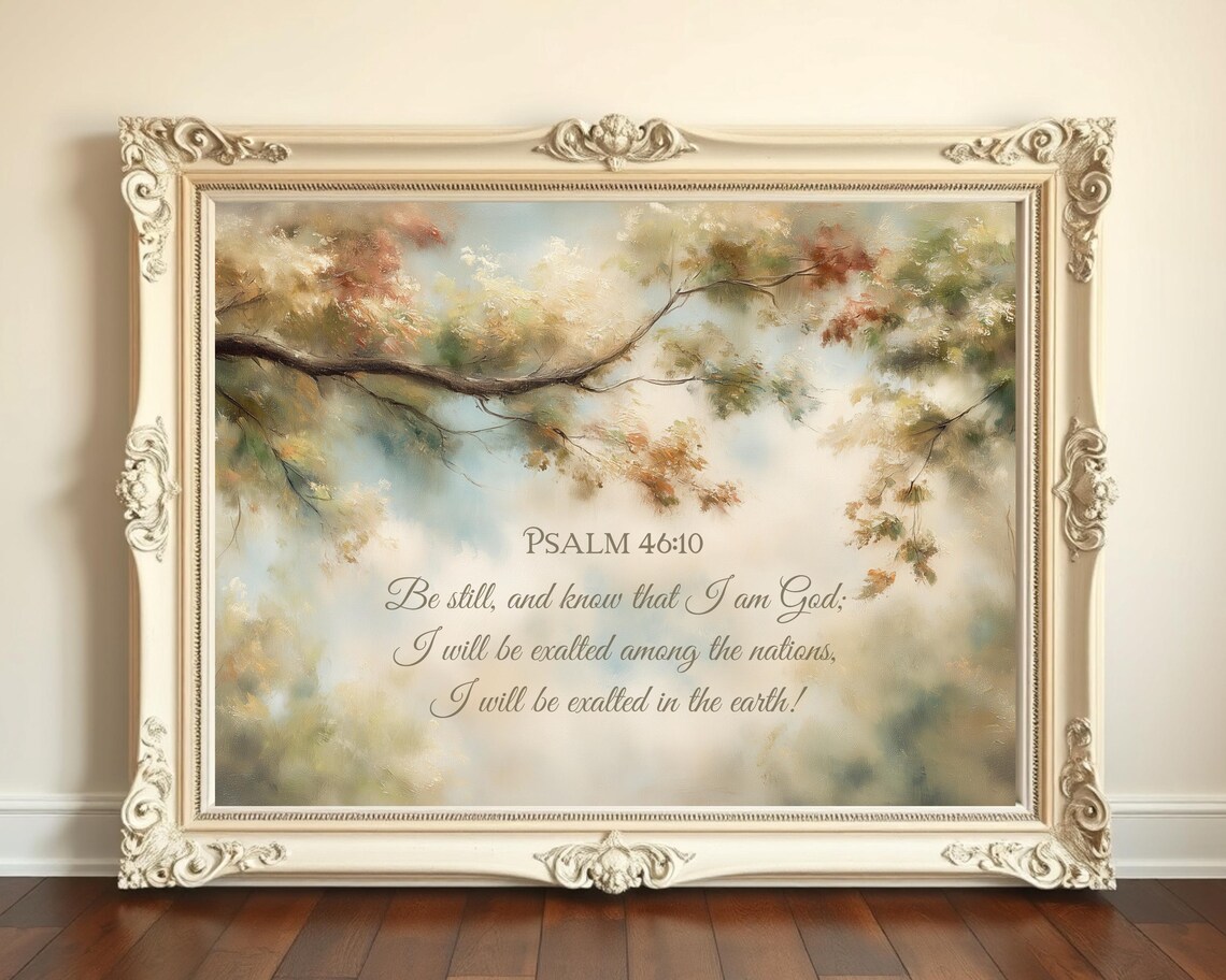 Psalm 4610 Bible Verse Wall Art Be Still And Know That I Am God Vintage Tree Oil Painting Fall Scripture Christian