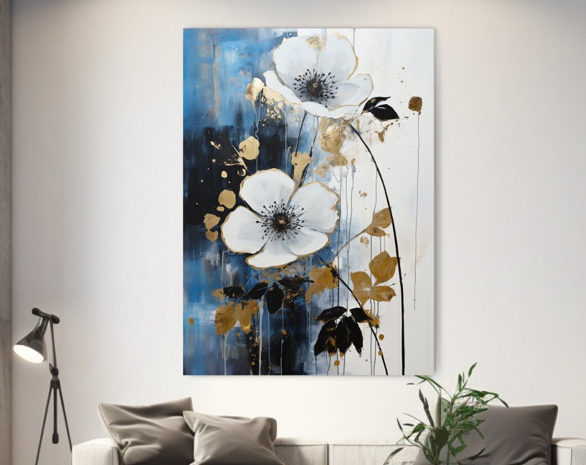 White Anemones On Blue With Gold Accents Abstract Floral Art Poster